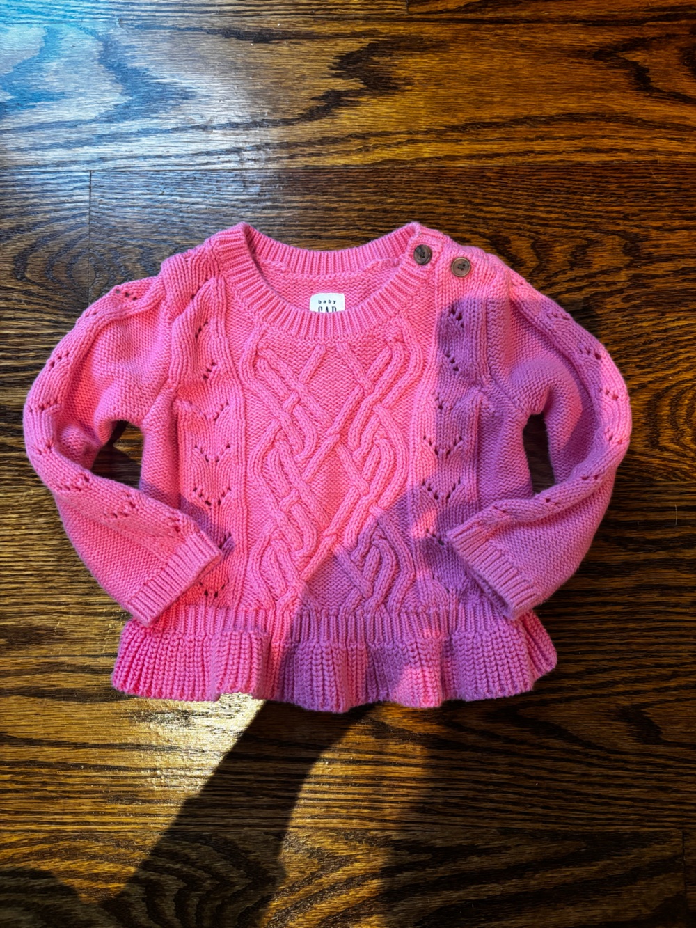 Baby GAP Pink Cable Knit Crewneck Sweater with Shoulder Buttons